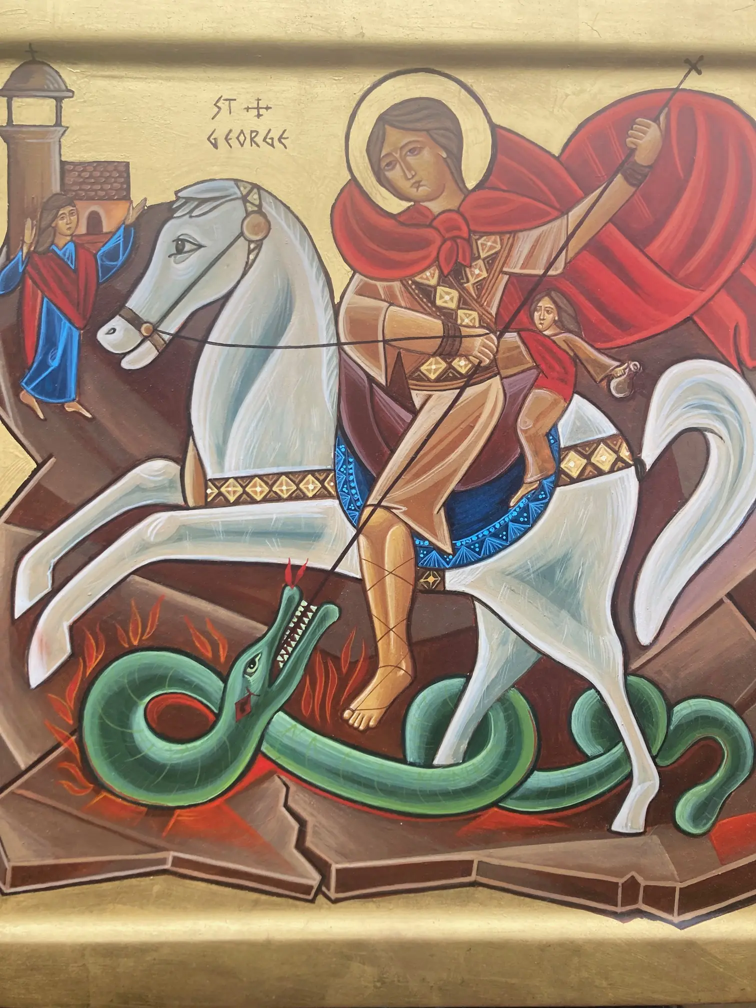 Saint George, prince des martyrs, icône Copte Orthodoxe, technique de la tempera, Or véritable 22 carats